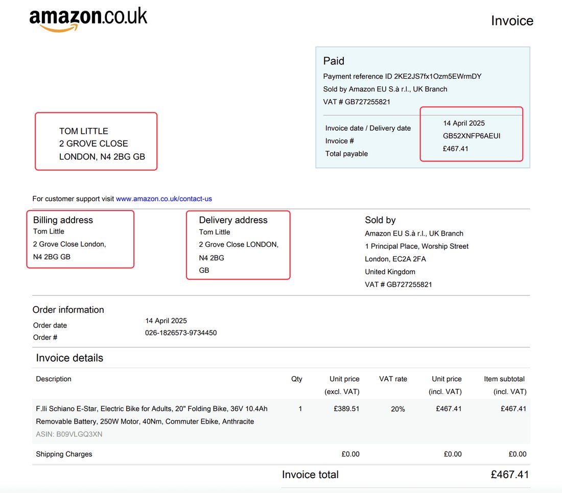 Earlier revision of the invoice with changed fields highlighted