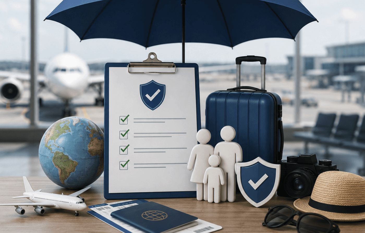 Illustration of travel insurance documents and luggage