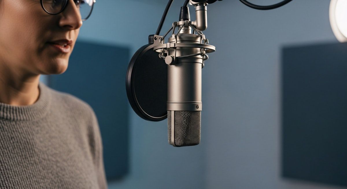 A person talking into a podcast microphone